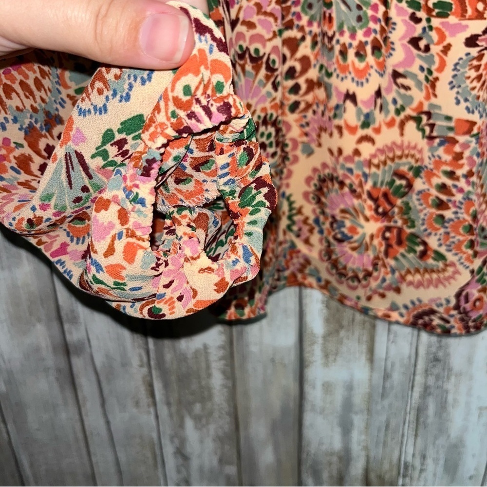 DR2 Floral Smocked Peasant Blouse Boho 3/4 Sleeve Orange Brown Large - Picture 5 of 7